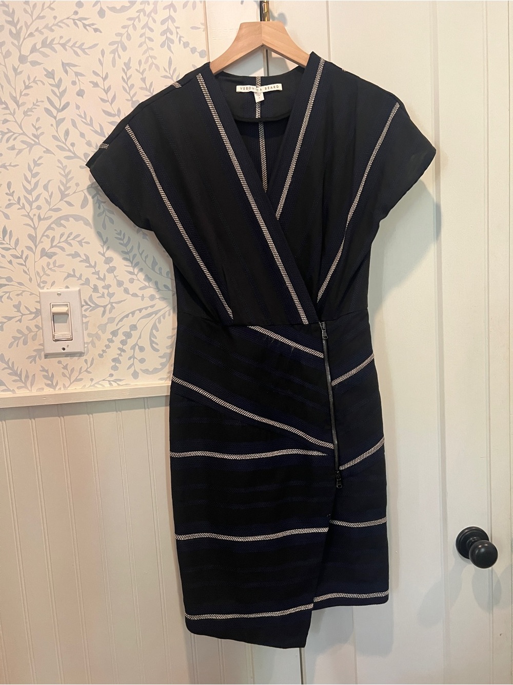 Veronica Beard Black Mini Dress with White Stripe Accents